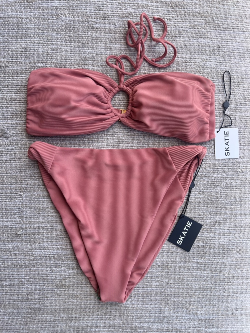 SKATIE Ribbed Dusty Rose Pink Bikini Set Jean Top Salty Bottom size XL